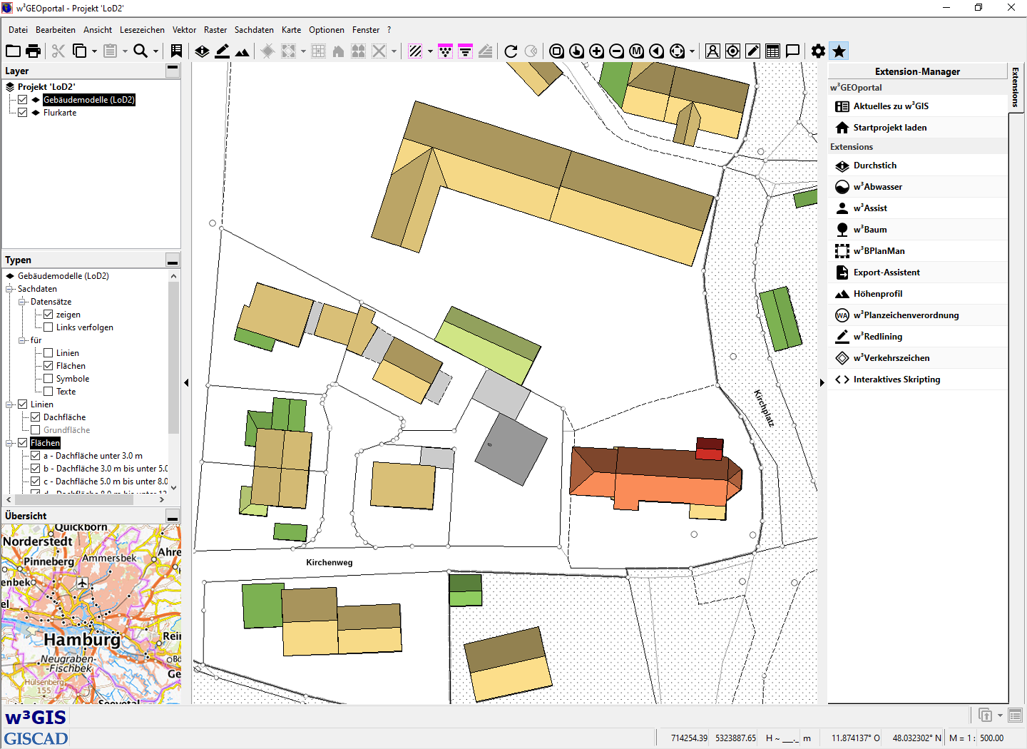 Importierte 3D-Gebäudemodelle im Detaillierungsgrad LoD2 in w³GIS/komGDI mit schattierten Dachflächen und Einfärbung nach Höhenklasse.