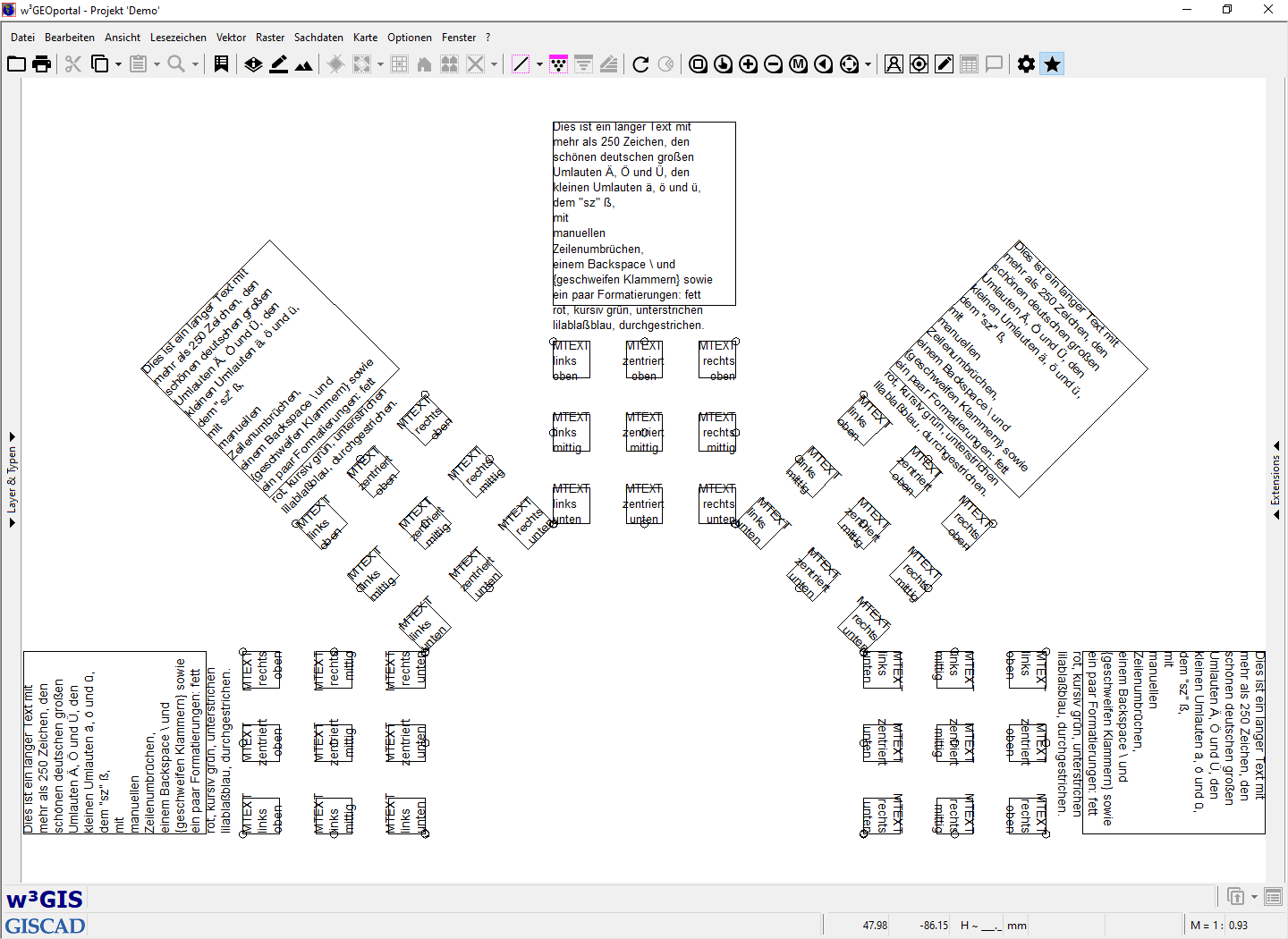 Ergebnis des jetzt erweiterten DXF-Imports in w³GIS/komGDI inkl. Berücksichtigung von sowohl manuell gesetzten als auch automatischen Zeilenumbrüchen. Selten auftretende Textformatierungen innerhalb von mehrzeiligen Textobjekten werden beim Import nach w³GIS/komGDI entfernt.