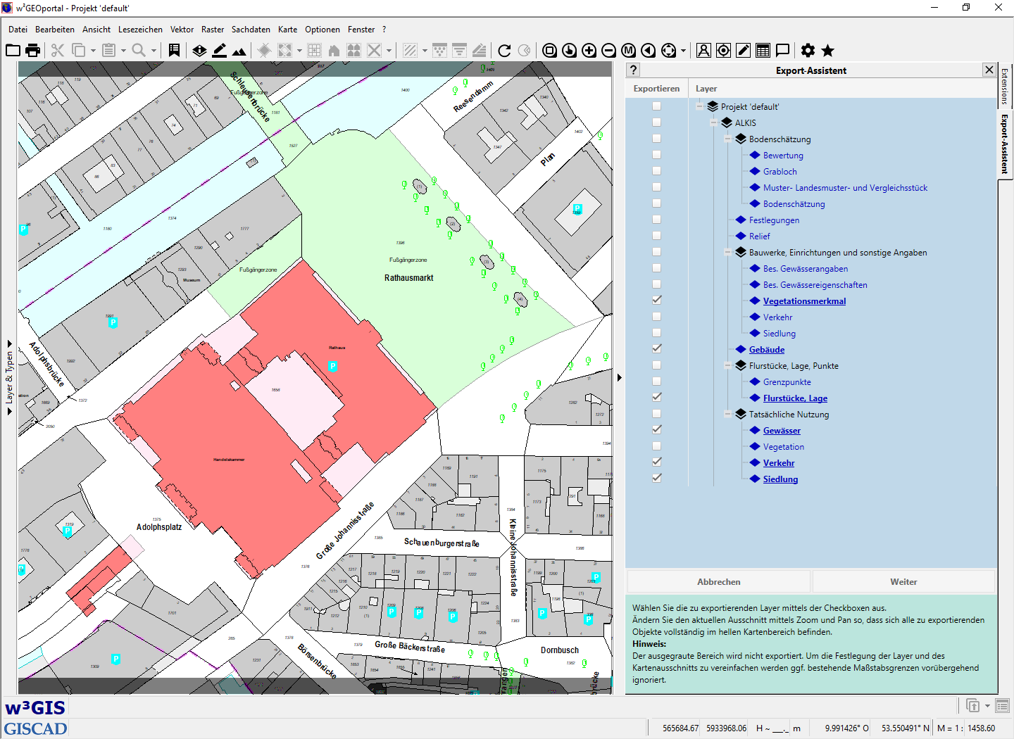 DXF-Export-Assistent: Interaktive Auswahl der zu exportierenden Layer mittels Checkboxen und Festlegung des zu exportierenden Ausschnitts durch Zoomen und Verschieben im Kartenbereich.