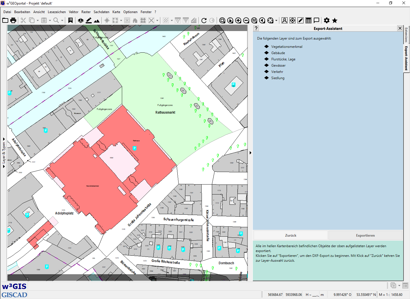DXF-Export-Assistent: Auflistung der zu exportierenden Layer zu Kontrollzwecken vor Durchführung des Exports.