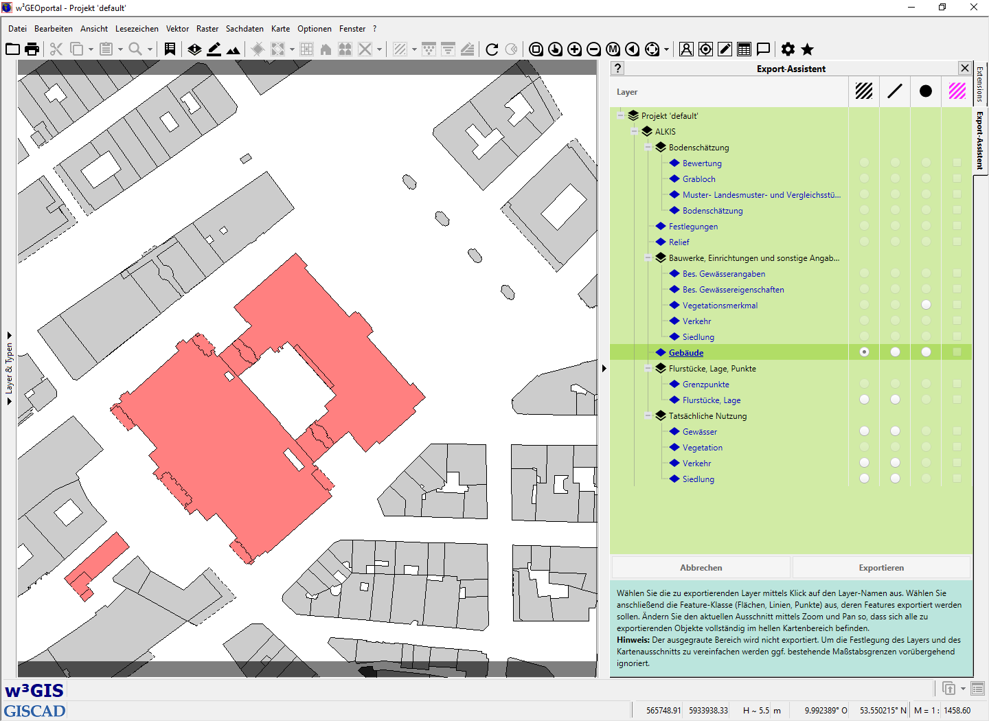 Shape-Export-Assistent: Auswahl des zu exportierenden Layers und dessen Feature-Klasse (Flächen, Linien, Punkte) sowie Festlegung des zu exportierenden Ausschnitts durch Zoomen und Verschieben im Kartenbereich.