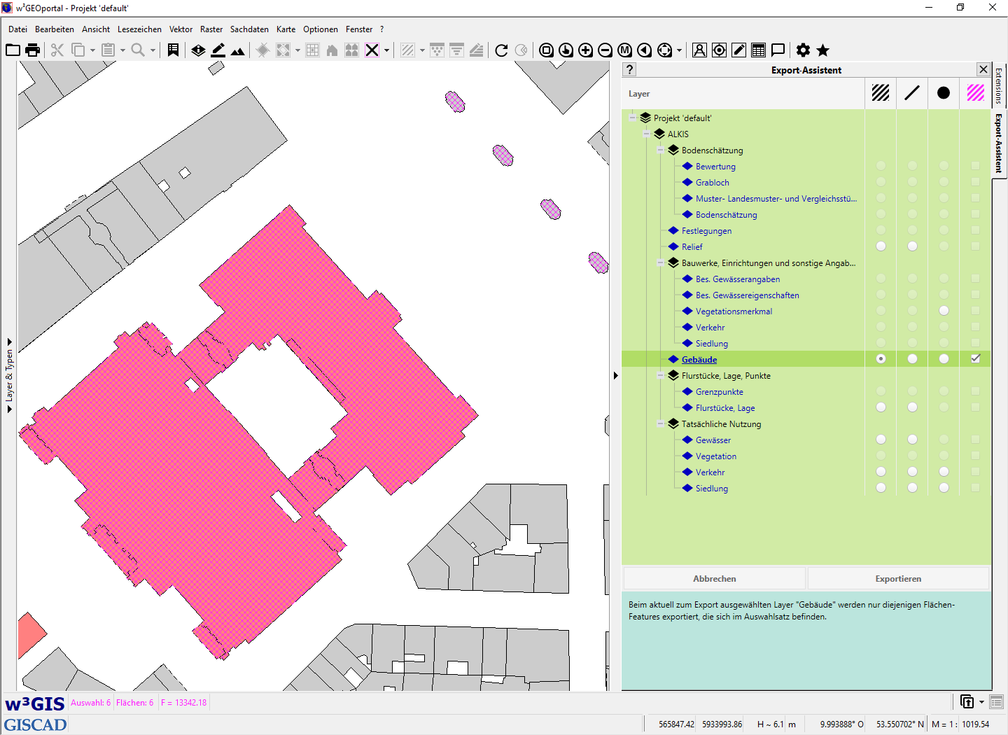 Shape-Export-Assistent: Export eines Flächen-Auswahlsatzes (im Kartenbereich magenta kreuzschraffiert zu sehen) auf dem Gebäude-Layer.