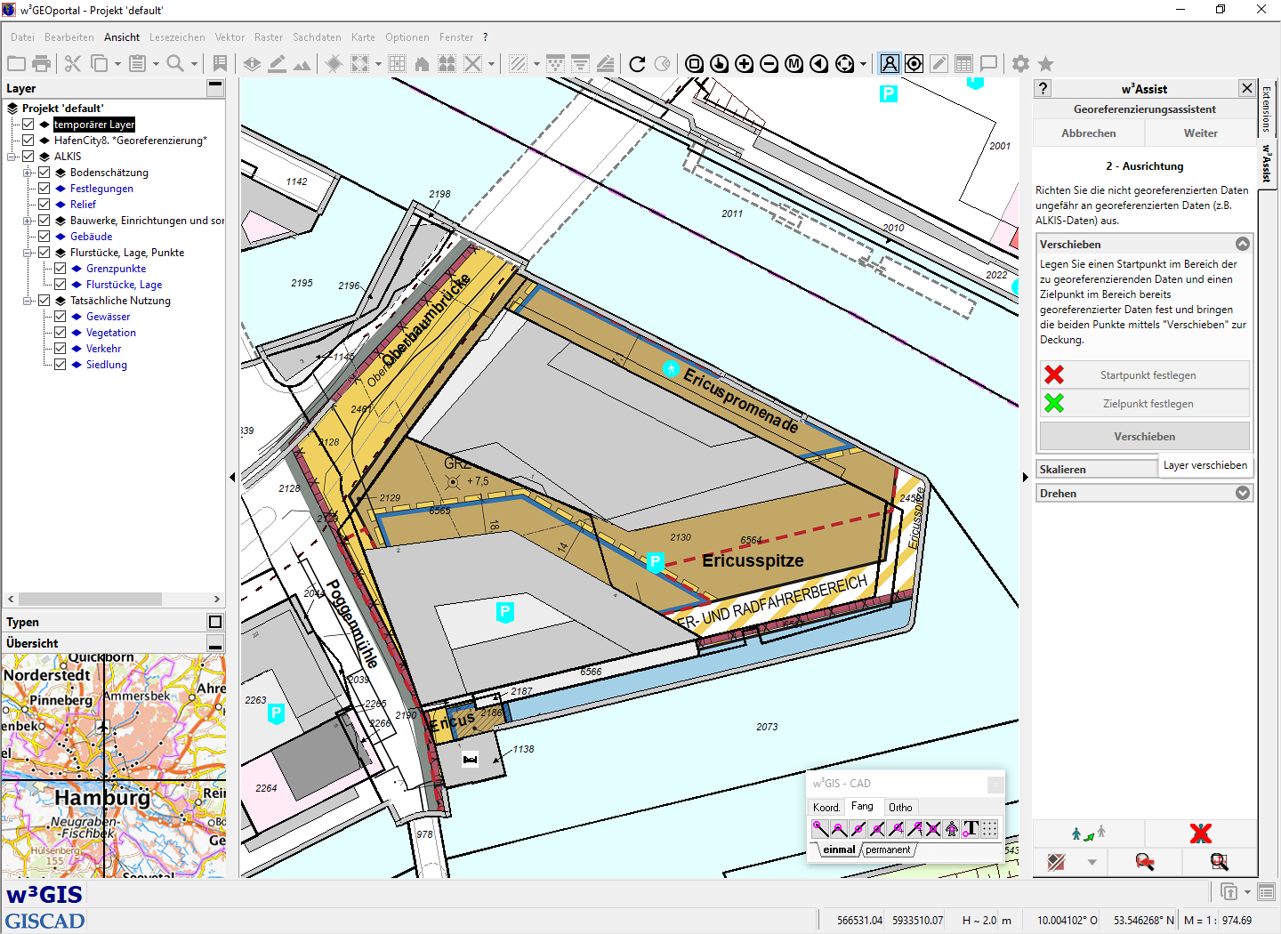 Georeferenzierungs-Assistent: Grobe Ausrichtung des zu transformierenden Rasterbildes an einem bereits georeferenzierten (Hintergrund-) Layer durch Verschieben, Skalieren und Drehen.