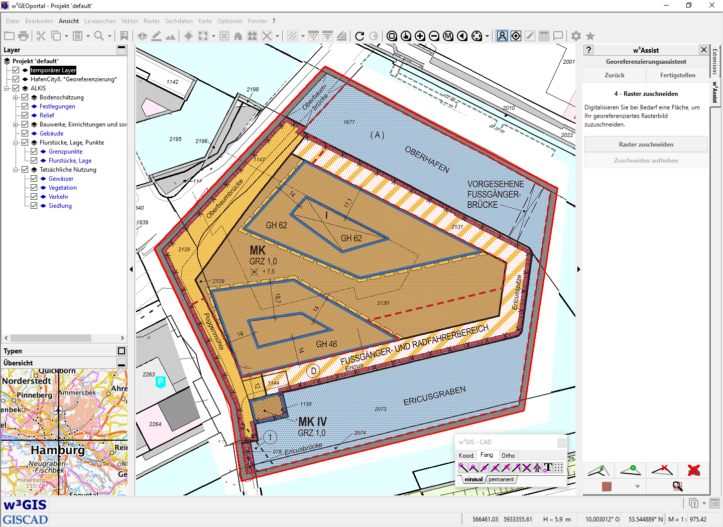 Georeferenzierungs-Assistent: Das transformierte Rasterbild kann nun – falls gewünscht – durch Digitalisierung einer Fläche (im Bild rot gepunktet mit rotem Rand) zugeschnitten werden.