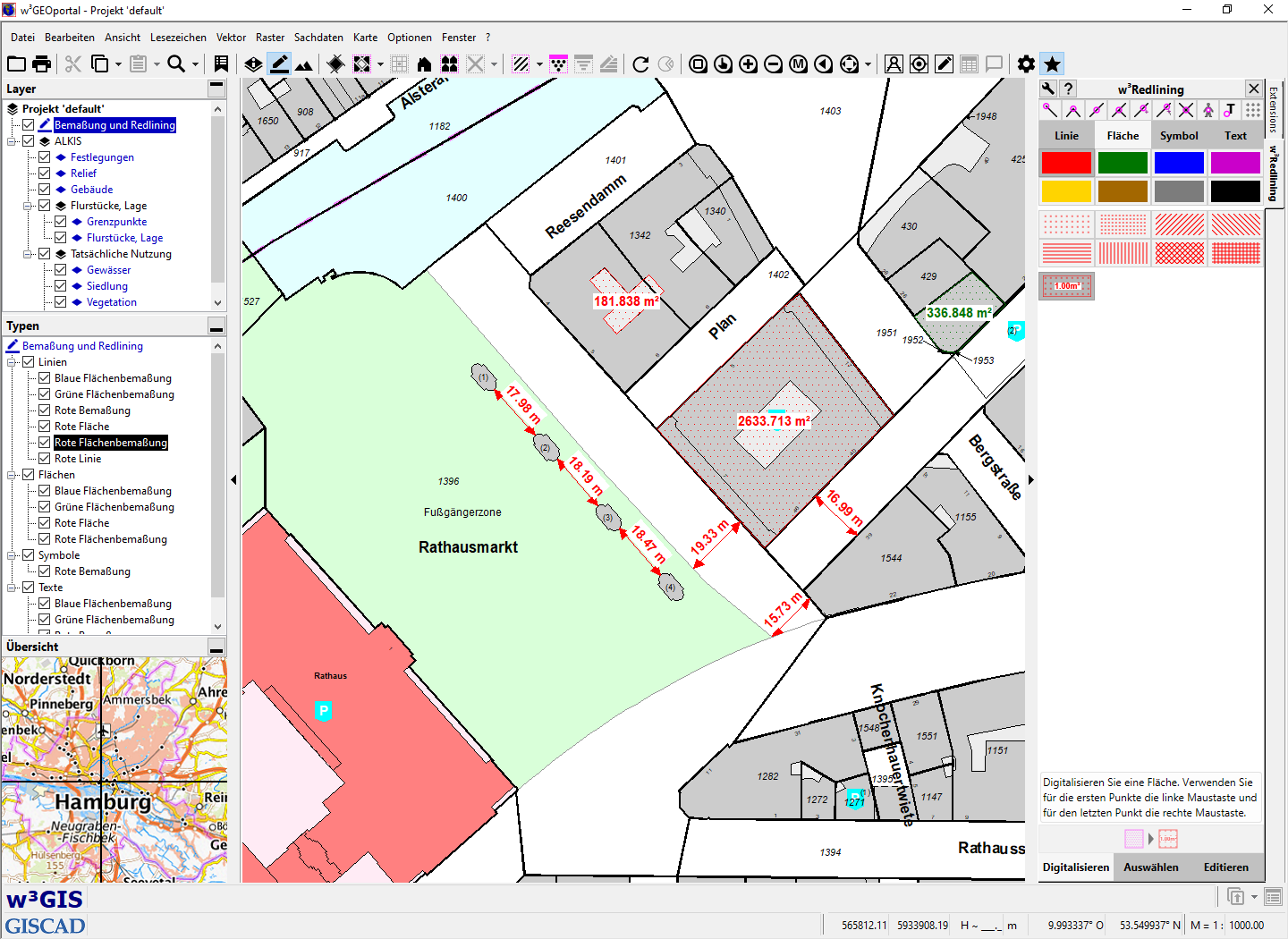 Flächen- und Linienbemaßung in w³Redlining: Schnelle Auswahl von Farben, Füllmustern, Strichlierungen, etc. ermöglichen zügige und aussagekräftige Kartenannotationen.